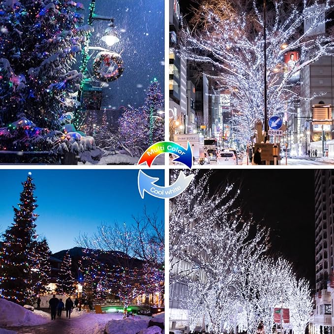 (Cool White ⇋ Multicolor) Solar Christmas String Lights Outdoor, 2-Pack 80FT 200 LED Waterproof Silver Wire, Solar Twinkle Lights with 8 Modes Solar Fairy Light for Tree Garden Wedding Christmas Decor-BloomoryGarden