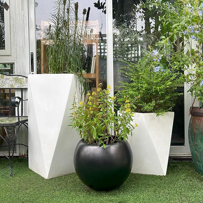13.5 H x 17" Dia (12" Pot Opening) Round Fiberstone Planter with Drainage Hole, Black, Indoor/Outdoor Large Plant Pot for Home Patio Garden, Ideal for Large Plants-BloomoryGarden