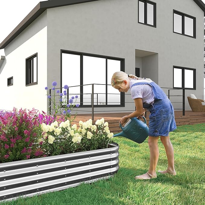 12x2x1.3 Oval Galvanized Raised Garden Bed,Outdoor Planter Box Metal Patio Kit Planting Bed for Vegetables Flowers and Succulents-BloomoryGarden