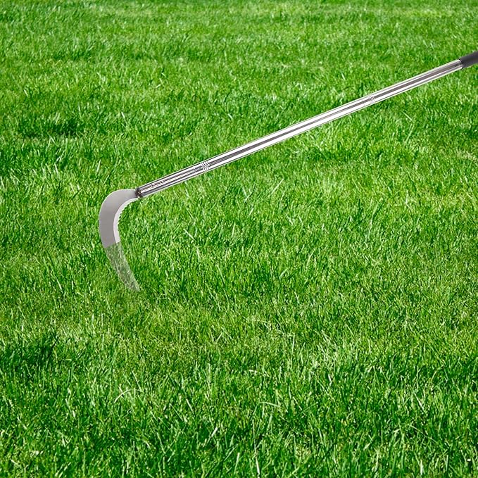 HQPASFY Weeding Sickle Set, Long Handle Sickle with Serrated Double-Edged Blade, Grass Sickle Stand Up Weeding Tool with 2 Pack Leaf Scoops, 16 Gallon Lawn Bag with Gardening Gloves for Yard