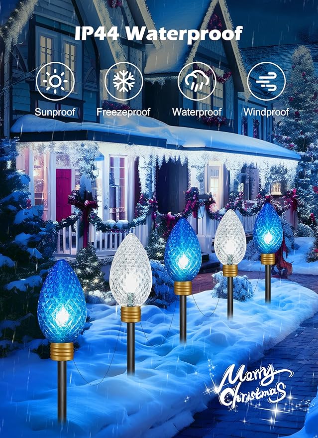 11Feet 5 LED Super Jumbo Christmas String Lights or Pathway Marker Lights, Outdoor Xmas Decorations- Jumbo C9 Hanging Lights Waterproof Lawn Dec for Holiday Home Tree Roof Yard Garden, Blue & White-BloomoryGarden