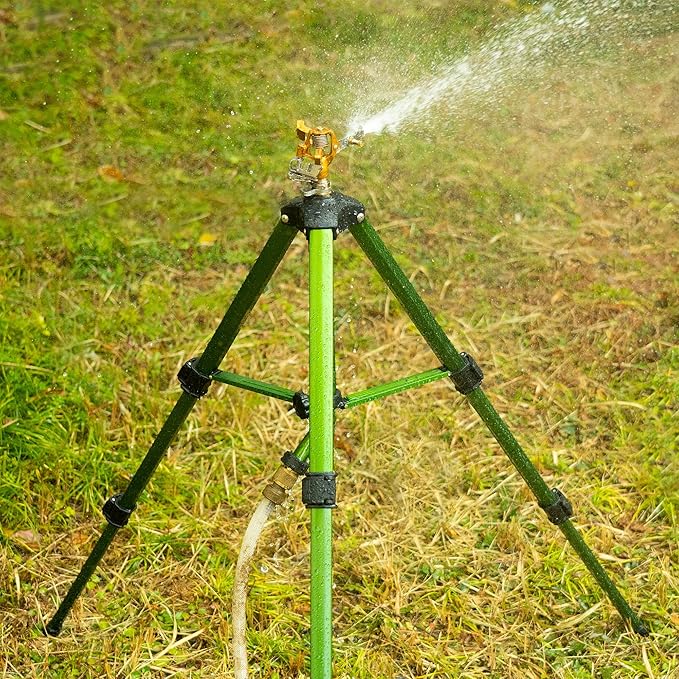 Hourleey Impact Sprinkler on Tripod Base, Heavy Duty Brass Sprinklers for Yard Lawn Garden, 0-360 Degree Large Area Coverage, 3/4 Inch Connector Extension Legs Flip Locks with Brass Sprinkler Head