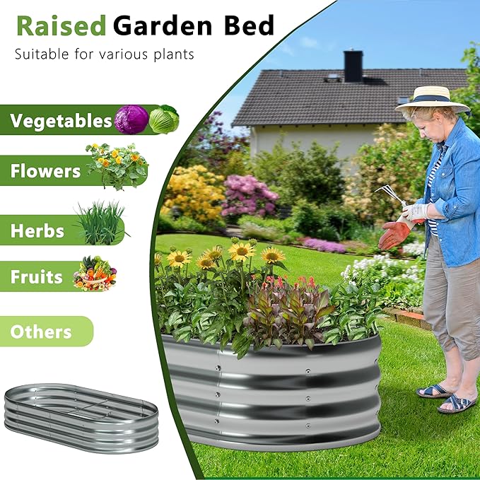 12x2x1ft(2 Pack) Oval Galvanized Raised Garden Bed,Outdoor Planter Box Metal Patio Kit Planting Bed for Vegetables Flowers and Succulents-BloomoryGarden