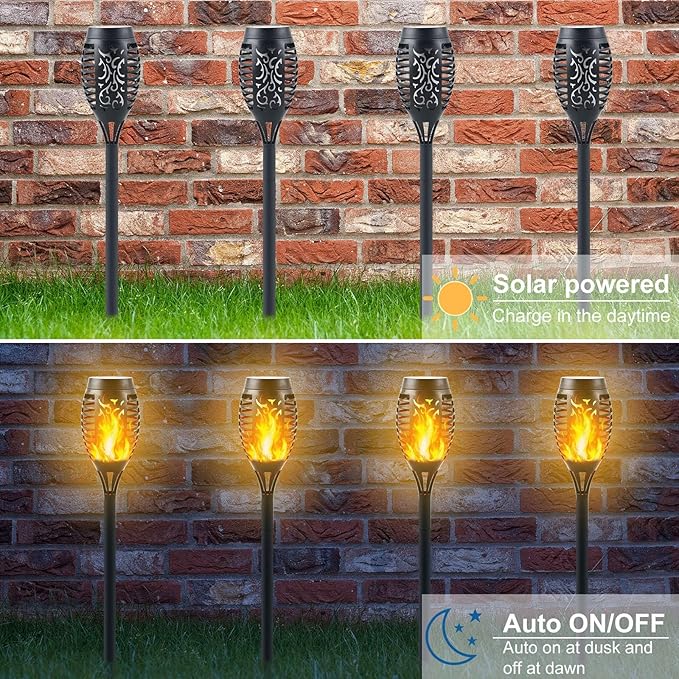12-Pack Solar Torch Lights with Flickering Flame - 12LED Mini Fire Effect Solar-Powered Tiki Torches, Waterproof Outdoor Lighting with Auto On/Off, Perfect for Garden, Patio & Pathway Decor-BloomoryGarden