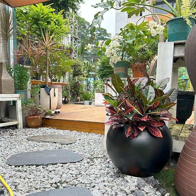 13.5 H x 17" Dia (12" Pot Opening) Round Fiberstone Planter with Drainage Hole, Black, Indoor/Outdoor Large Plant Pot for Home Patio Garden, Ideal for Large Plants-BloomoryGarden