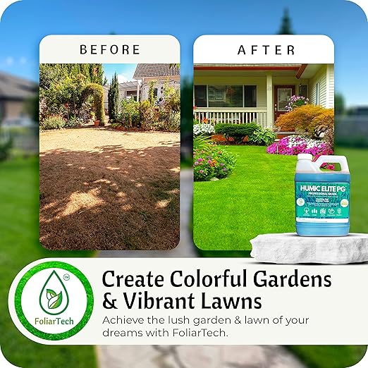 Humic Acid Organic Lawn Fertilizer - Fulvic Humic Mineral Blend for Trees, Shrubs, Ornamentals, Vegetables & Crops - Enhancer & Garden Soil Conditioner by FoliarTech, 1.1 Gallons