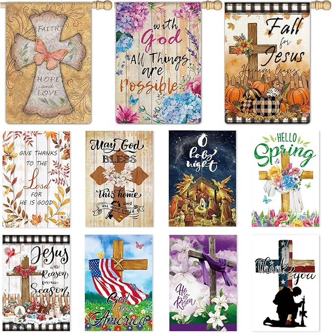 11 Pcs Christian Garden Flag Cross Yard Flags for All Season Christian Welcome Large 28 x 40 Inch Flags Double Sided Print Vertical House Flags Decorations for Home Outdoor Lawn-BloomoryGarden