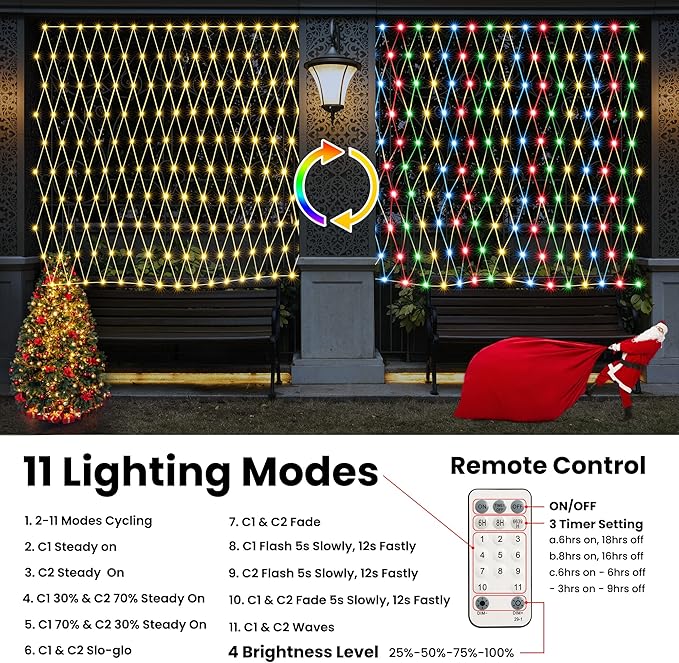 12ft x 5ft 360 LED Christmas Net Lights, 11 Modes 30V Christmas Net Lights, Warm White-Multi Color Changing Mesh Decorative Net Lights for Xmas Tree Bush Wedding Garden Outdoor Indoor Decor-BloomoryGarden