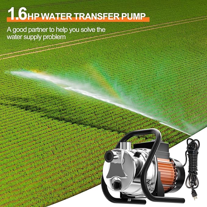 1.6 HP Portable Water Transfer Pump 1800 GPH Shallow Well Pump Garden Booster Sprinkler Pumps for Irrigation Lawn Farm Water Removal with Adapters, Orange-BloomoryGarden