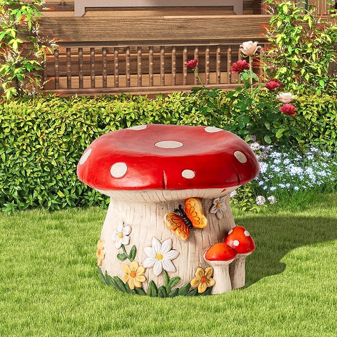14''W Mushroom House Statue Outdoor Statues Garden Resin Stool Over-Sized Sculpture Forest Pedestal Spring Decor for Home Courtyard Lawn Patio Summer Ornament Indoor Stool-BloomoryGarden