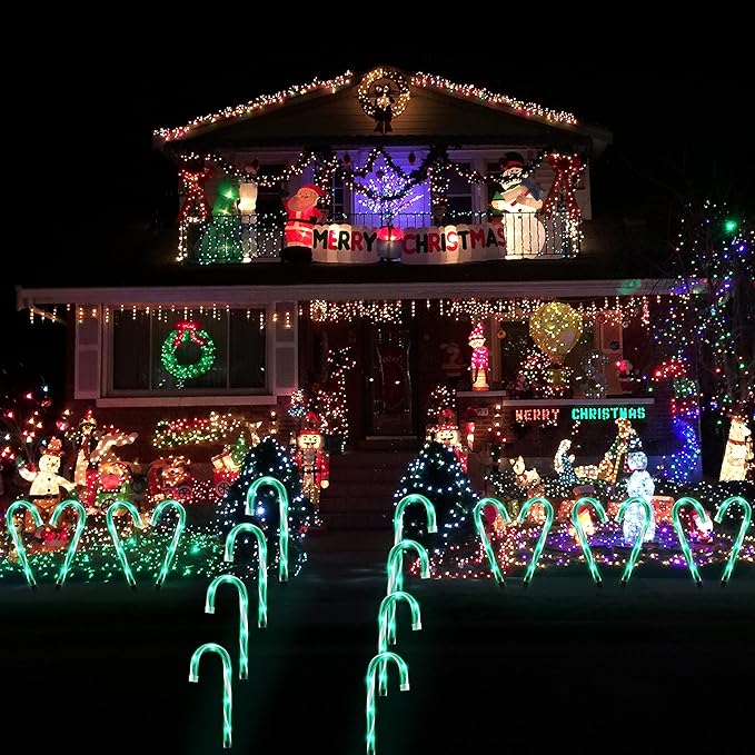 10" Christmas Candy Cane Lights - Set of 10 Pathway Markers Christmas Outdoor Yard Decorations, Green Xmas Candy Cane Stake Lights for Lawn, Walkway, Garden, Xmas Party Indoor Ornaments-BloomoryGarden