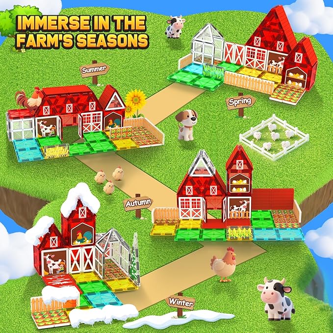Magnetic Tiles Farm Animal Toys 66P - Build 4-Seasons Farm Scene, Farm Magnetic Blocks for Kids Ages 3-5 4-8 Boys Girls, STEM Magnet Toys for Classroom Indoor Outdoor, Kids Gift for Birthday Christmas-BloomoryGarden