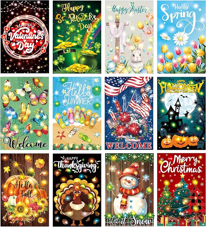 12 Pcs Solar Seasonal LED Garden Flags 12 x 18 Inch Double Sided Yard Flags Halloween Christmas Fall Thanksgiving Day Decorations Welcome Garden Holiday Yard Outside Lawn Decoration-BloomoryGarden