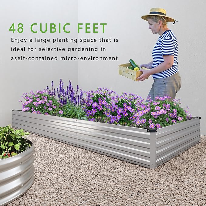 12x4x1FT Galvanized Raised Garden Bed Kit,Vegetable Boxes-Rectangle Metal Flower Box,Large Planter Raised Beds Outdoor Garden for Planting,Fruit,Herb-Sliver-BloomoryGarden