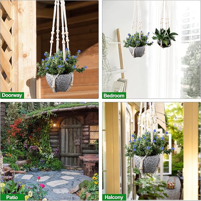 Macrame Plant Hanger for 5 to 10 Inch Plant Pots, Set of 2 Indoor Handmade 35 Inch Woven Rope Hanger Kits with Hooks and Wood Beads, Hanging Planter Basket Holder for Boho Home Decor (White, 2 Pack)-BloomoryGarden