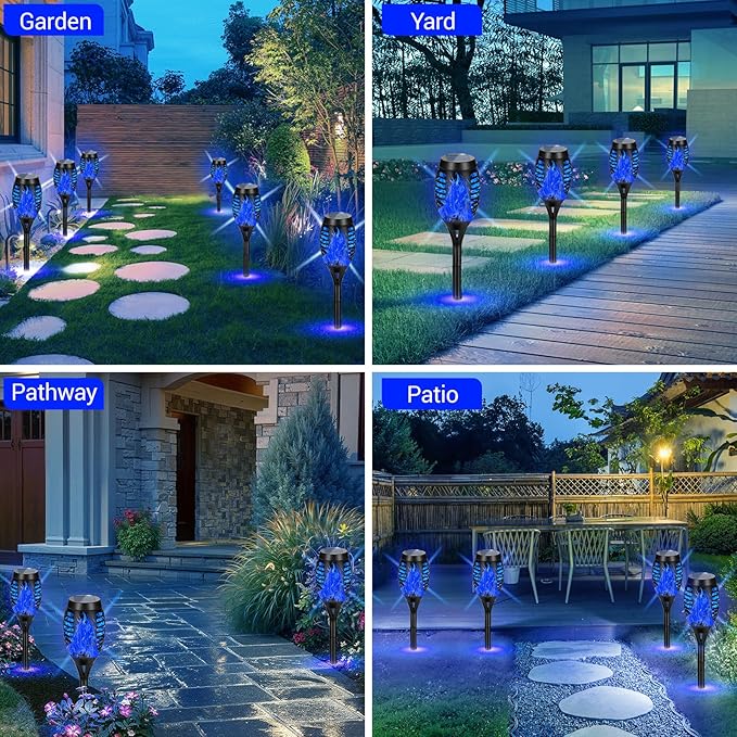 12 Pack Solar Torch Lights Outdoor Waterproof - Blue Flickering Flame, Outdoor Solar Garden Lights for Yard, Tiki Torches for Outside Patio Pathway Decorations-BloomoryGarden