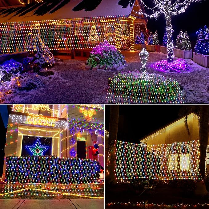12ft x 5ft 360 LED Christmas Net Lights, 11 Modes 30V Christmas Net Lights, Warm White-Multi Color Changing Mesh Decorative Net Lights for Xmas Tree Bush Wedding Garden Outdoor Indoor Decor-BloomoryGarden