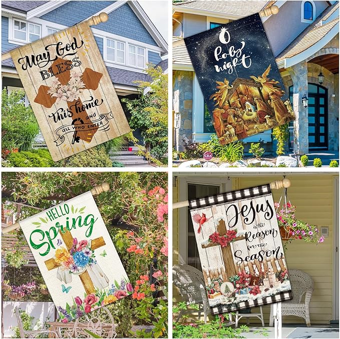 11 Pcs Christian Garden Flag Cross Yard Flags for All Season Christian Welcome Large 28 x 40 Inch Flags Double Sided Print Vertical House Flags Decorations for Home Outdoor Lawn-BloomoryGarden