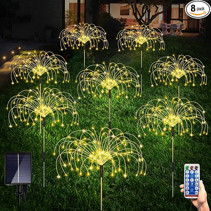 Maleyt Solar Garden Lights 8 Pack, Solar Powered Outdoor Decorative Lamps, 120 LED Solar Firework Lights with Remote Control, 8 Modes Waterproof DIY Landscape Lighting for Backyard Garden Decoration-BloomoryGarden