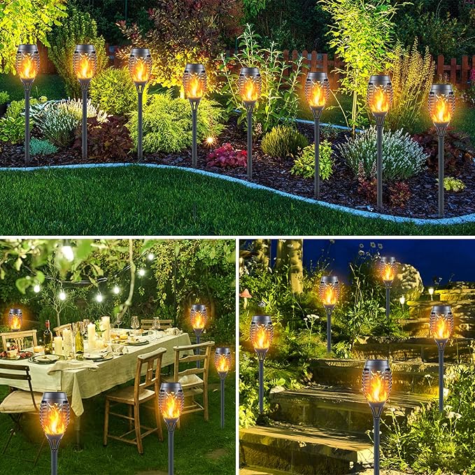12-Pack Solar Torch Lights with Flickering Flame - 12LED Mini Fire Effect Solar-Powered Tiki Torches, Waterproof Outdoor Lighting with Auto On/Off, Perfect for Garden, Patio & Pathway Decor-BloomoryGarden