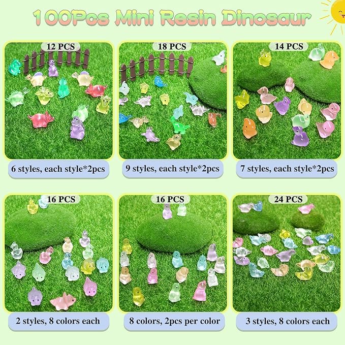 100PCS Luminous Mini Resin Dinosaur Glow in The Dark, 28 Styles Tiny Animals for Hide Garden Micro Landscape Dollhouse Decor Craft-BloomoryGarden