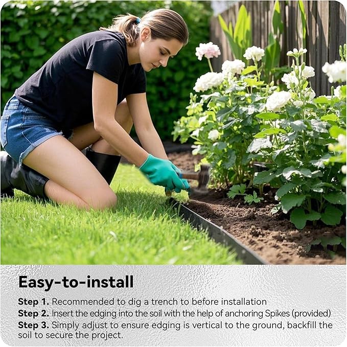 Worth Galvanized Steel Landscape Edging 4.5" x50' Metal Garden Edging Roll Flexible Bender Border with 16Pcs Stakes for Lawn, Flower Bed Edges, Black-BloomoryGarden