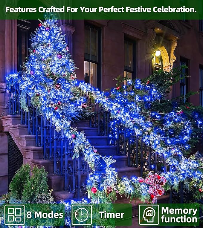 1500 LED 492ft Outdoor Christmas Lights Decorations, Green Wire LED String Lights with Timer Memory, Twinkle Lighs for Indoor Outdoor Party, Tree Wedding, Garden, Patio (Blue)-BloomoryGarden