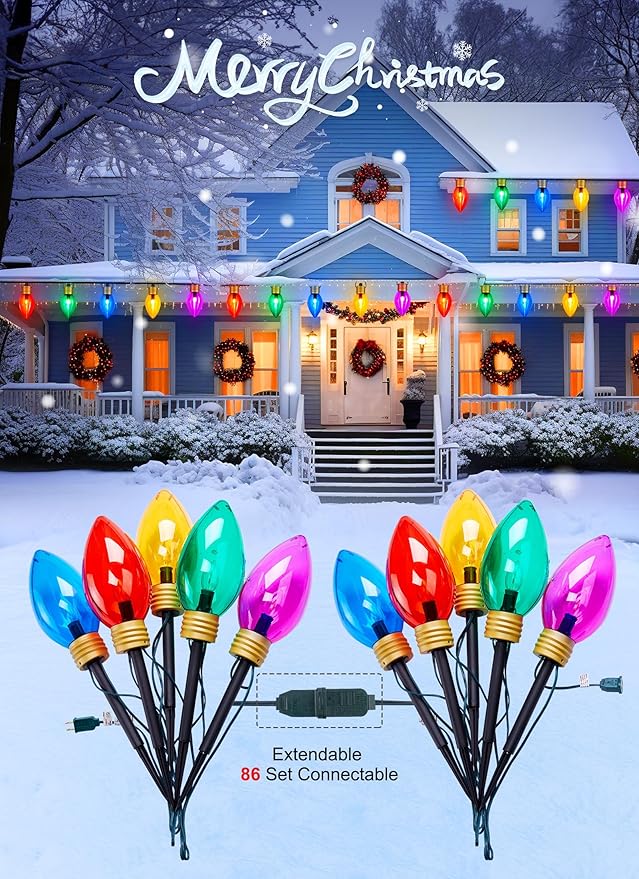 11Feet 5 LED Super Jumbo Christmas String Lights or Pathway Marker Lights, Outdoor Xmas Decorations- Jumbo C9 Hanging Lights Waterproof Lawn Dec for Holiday Home Tree Roof Yard Garden, Multicolor-BloomoryGarden
