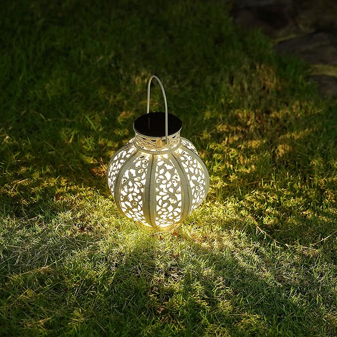 MAGGIFT 2 Pack Hanging Solar Lights for Outside,Solar Lanterns Outdoor Waterproof,Retro Hanging Lantern with Handle for Yard, Garden Decor, Gardening Gifts, Mom Birthday Gift, Beige White-BloomoryGarden