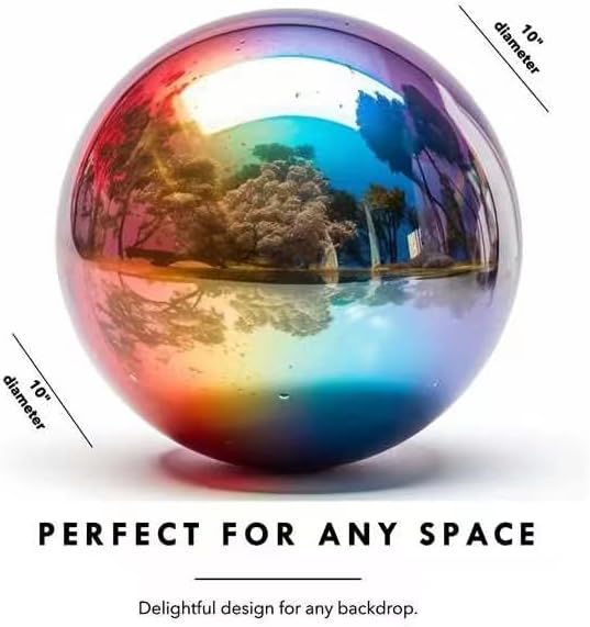 10 Inch Stainless Steel Gazing Globe,v2croft Hollow Ball Mirrored Surface Polished Shiny Sphere,Garden Stainless Steel Gazing Ball for Outdoor Lawn Pond Yard Ornament(rainbow)-BloomoryGarden