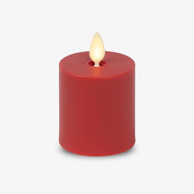 Luminara Outdoor Votive Flameless LED Candle, Cherry Red 2" x 3.2", Moving Flame Battery Operated Timer Remote Ready IPX4 Matte Plastic Finish-BloomoryGarden