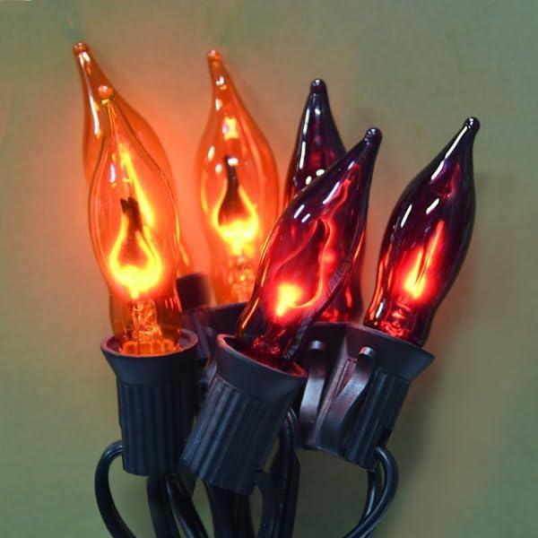 12.8Ft Halloween Decorations - Indoor/Outdoor Flickering Flame String Lights, Orange & Purple, 12 Pack C7 Flame Lights Bulbs-BloomoryGarden