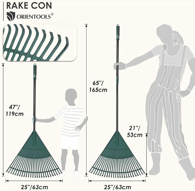 ORIENTOOLS Garden Leaf Rake, Garden Rakes for Lawns Leaves with 47-65" Adjustable Black Handle Rake, 26 Strong Tines Plastic Head Shrub Rake, Yard Garden Rake for Lawns, Flower Beds Leaves Cleaning-BloomoryGarden