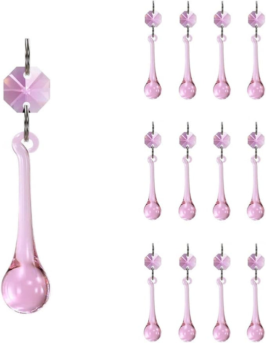 12pcs Raindrop Crystal Chandelier Prisms Parts, 53mm Hanging Crystals Beads for Chandeliers, Home Decoration (Pink)-BloomoryGarden