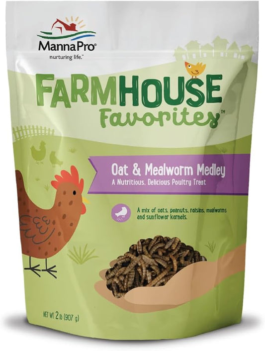 Manna Pro Farmhouse Favorites Oat & Mealworm Mix Poultry Treat – Natural Protein Source – Encouraging Poultry Treat – Mix of Oats, Peanuts, Raisins, Mealworms, Sunflower Kernels – 2lbs-BloomoryGarden