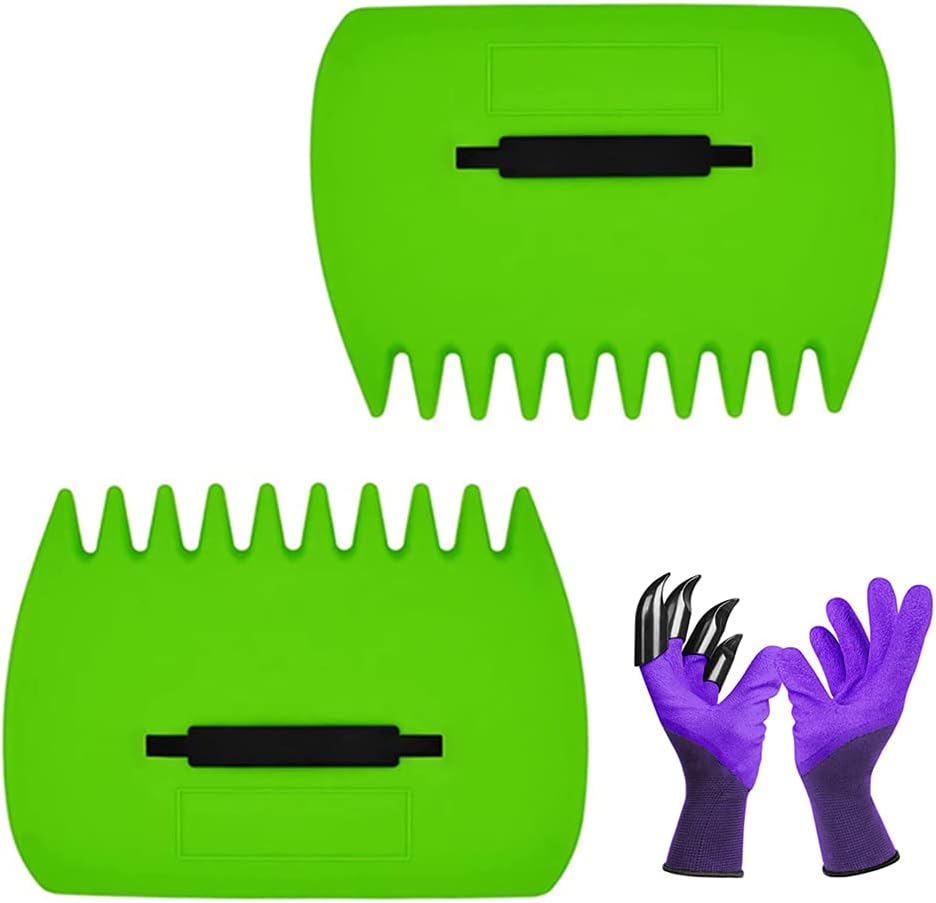 Garden and Yard Leaf Sops Hand Rakes, Large Sized, Multiple Use for Leaves, Lawn Debris and Trash Pick Up +1 pair of garden gloves, Light green-1-BloomoryGarden