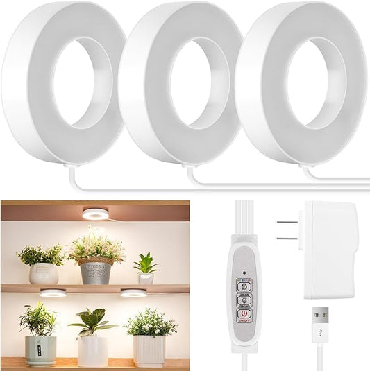 LORDEM Ceiling Grow Light for Indoor Plants, 144 LEDs Full Spectrum LED Plant Light, 5V Plant Lamp with 4/8/12H Auto Switch, 4 Dimmable Brightness Levels, Ideal for Small Plants, Tri Head, Corded-BloomoryGarden