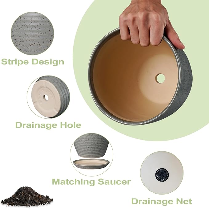 12 Inch Plant Pot, Ceramic Planter Pot with Drainage Hole and Saucer Round Large Flower Pot for Indoor Plants, Light Gray-BloomoryGarden