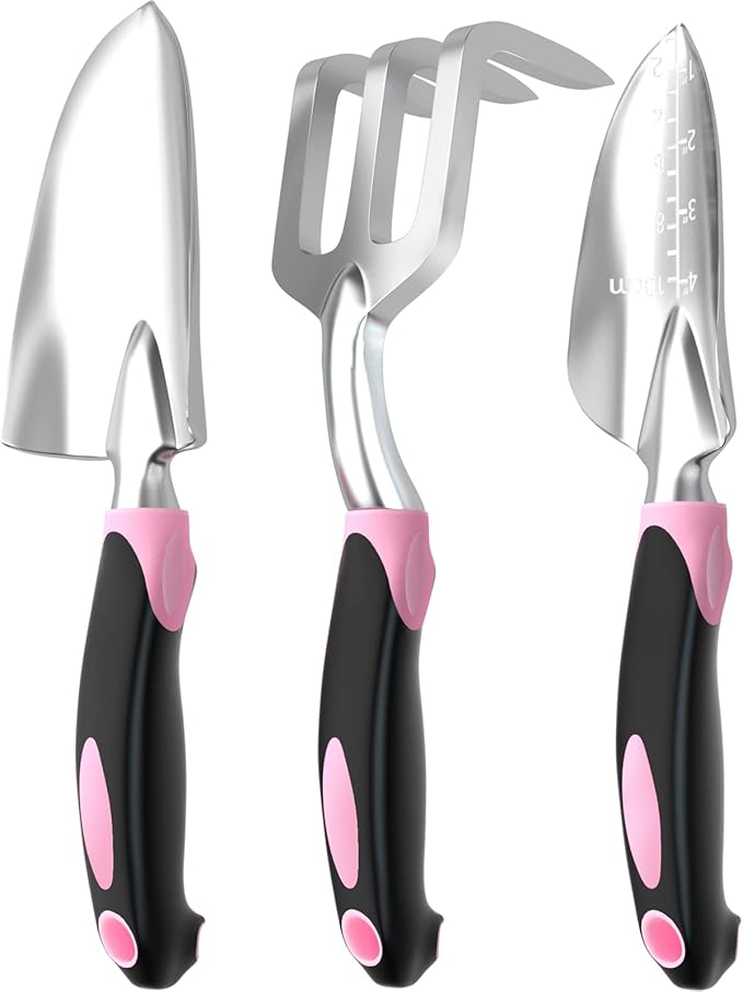 Garden Tool Set SOYUS Heavy Duty 3 Piece Gardening Hand Tools Aluminum Garden Shovel for Planting Hand Trowel Cultivator Rake with Ergonomic Non-Slip Rubber Grip Pink Gardening Gifts for Women-BloomoryGarden