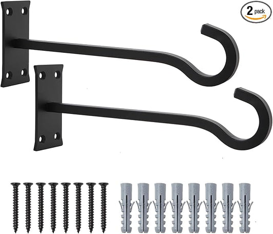 10inch Heavy Duty Plant Hangers Outdoor or Indoor Bird Feeder Hanger Shepherd Hooks 2pcs Black Metal Wall Hook for Hanging Plant Bracket, Lantern, Flower Basket, Wind Chimes-BloomoryGarden