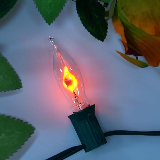 12.8Ft C7 Christmas Lights Flickering Flame String Lights with 12 Pack Clear Flame E12 Light Bulbs(2 Spare), Great for Christmas Decorations Indoor Outdoor Home Patio Party Lights, Green Wire-BloomoryGarden