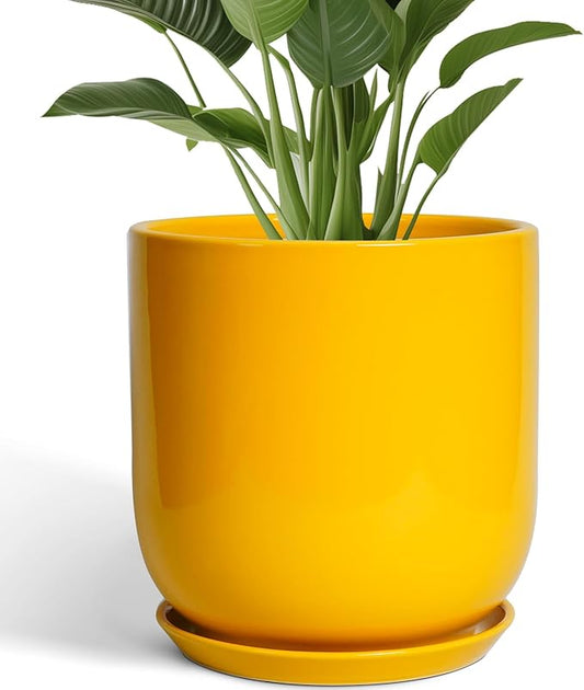 12 Inch Pots for Plants - Ceramic Planter for Outdoor Plants Large Plant Pot Indoor with Drainage Hole Modern Flower Pot for Home Patio Office Decor Yellow-BloomoryGarden