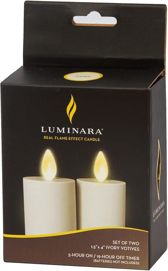 Luminara Outdoor Votive Flameless LED Candle, Set of 2 Ivory 1.5" x 4", Moving Flame Battery Operated Timer Remote Ready IPX4 Matte Plastic Finish-BloomoryGarden
