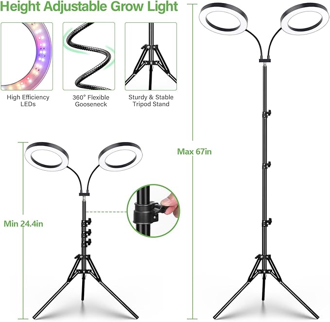 LORDEM Grow Light for Indoor Plants, Dual-Head Plant Light for Plants Growing, Full Spectrum Growth Lamp with Auto Timer for 4/8/12H, 4 Dimmable Levels, 144 LEDs, Height Adjustable Stand 24.4"- 67"-BloomoryGarden