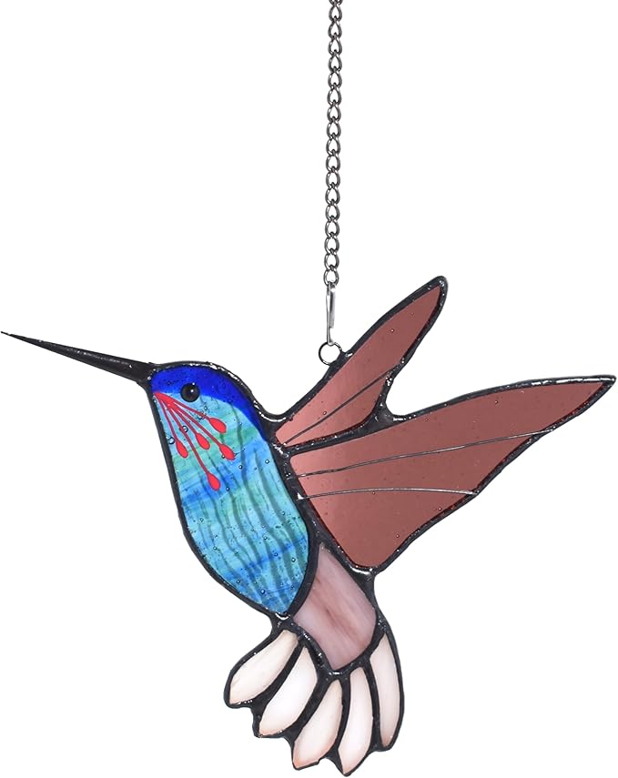 Lolitarcrafts Stained Glass Hummingbird Window Hangings with Flowers, Bird Stained Glass Suncatcher for Window Decor Hummingbird Gifts for Mom,Bird Lovers (Blue B)-BloomoryGarden