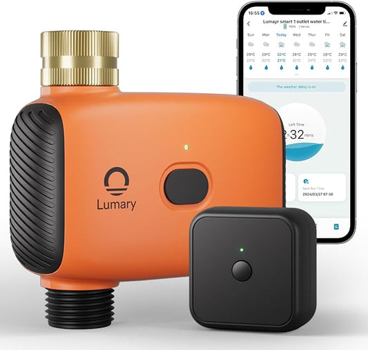 Lumary Smart Sprinkler Timer, WiFi Water Timer for Garden Hose, Brass Inlet Water Hose Timer, Manual/Automatic Irrigation Timer, App/Voice Control Work with Alexa (Gateway Included), Orange, L-WT1A1-BloomoryGarden