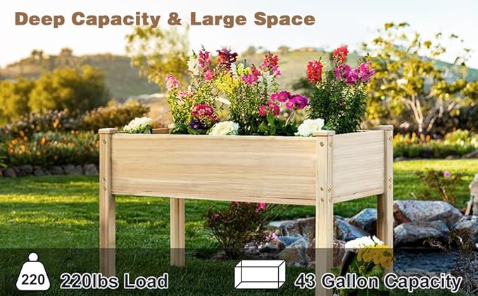 LZRS Raised Garden Bed Outdoor Planter Box with Legs for Herbs, Vegetables, Flowers, Great for Outdoor Patio, Yard and Deck, 220lb Capacity, Natural-BloomoryGarden