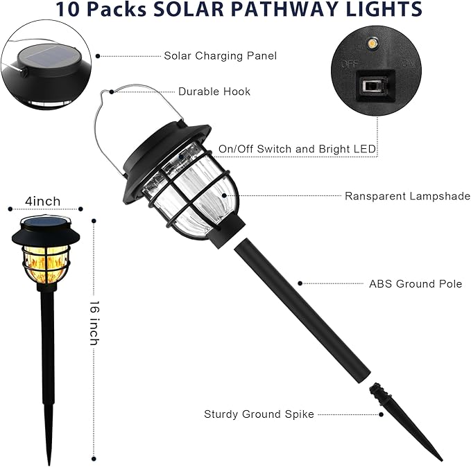 10 Pack Solar Pathway Lights Outdoor - Bright Solar Powered Garden Lights with 3000K Warm LED, Auto On/Off Waterproof Path Lights Decorative, Landscape Lighting for Yard Patio Walkway Driveway-BloomoryGarden
