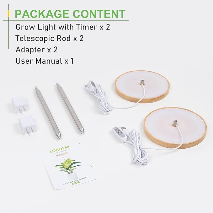 LORDEM Bamboo Grow Light for Indoor Plants, Full Spectrum LED Plant Grow Light, Height Adjustable Growing Lamp with Auto Timer 4H/8H/12H, 4 Dimmable Levels, Ideal for Large Tall Plants, 2 Pack-BloomoryGarden