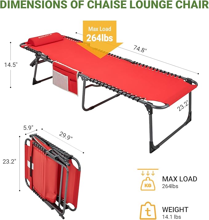 #WEJOY Outdoor Folding Chaise Lounge Chair for Outside, Patio, Beach, Poolside, Sunbathing, Adjustable 5-Position Reclining Chairs, Heavy Duty Camping Cot with Shoulder Strap and Pillow, Red-BloomoryGarden
